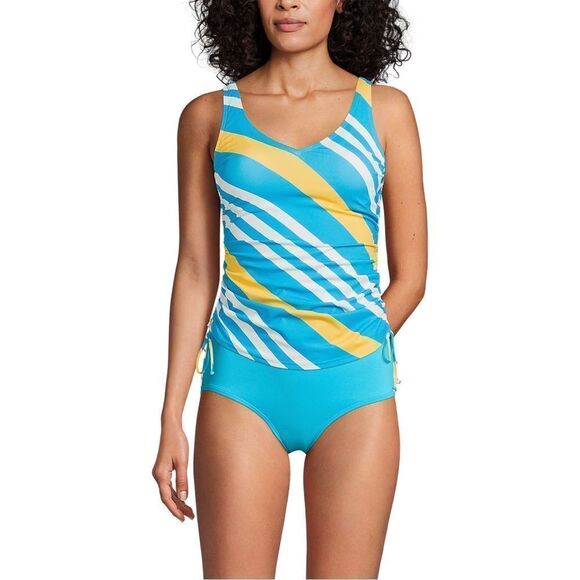 Land's End Tankini Adjustable sides straps underwire Turquoise Awning Stripe 14 - Picture 2 of 6